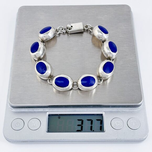 Vintage Mexico Sterling Silver 925 Blue Glass Link Bracelet 7” - Picture 6 of 6
